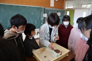 出土した土器に触れる様子